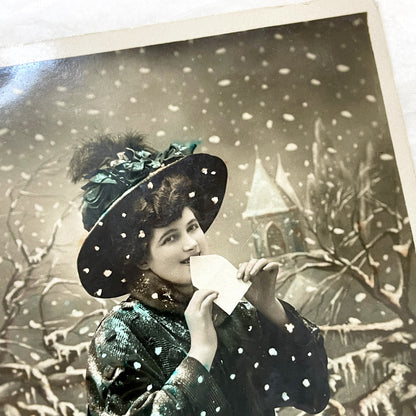 1900s - Vintage French New Year Postcard - Elegant Woman Holding Letter - Snowy Scene - Ephemera Collectible - Art Nouveau Aesthetics