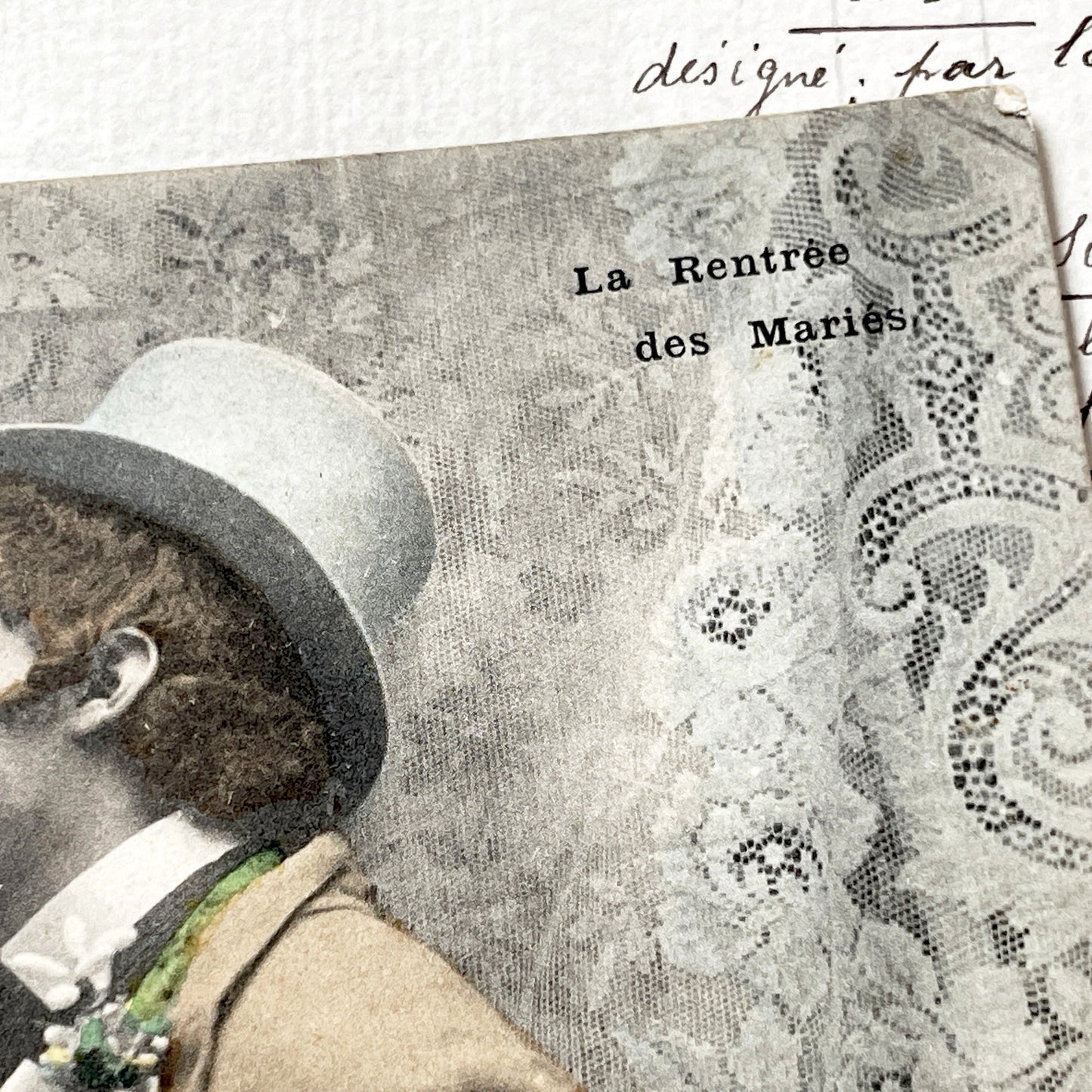 1910s - Vintage French Wedding Postcard - Romantic Hand-Tinted Kiss - Belle Epoque Bride Groom Love - Antique Ephemera Collectible Card