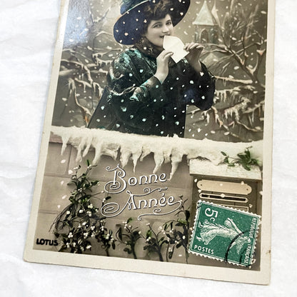1900s - Vintage French New Year Postcard - Elegant Woman Holding Letter - Snowy Scene - Ephemera Collectible - Art Nouveau Aesthetics