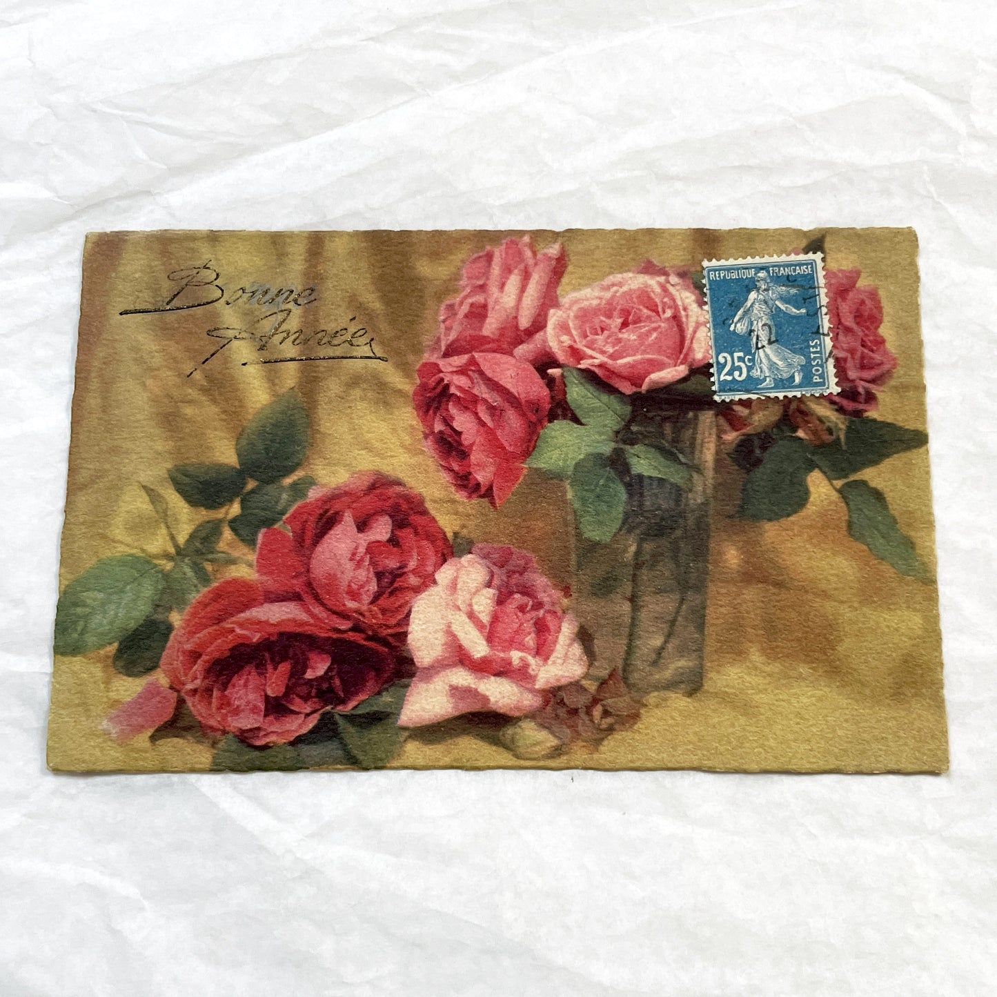 1920s - Antique French Happy New Year Postcard - Vintage Floral Roses Design - Charming Sower Stamp - Collectible Ephemera