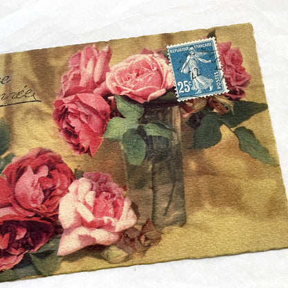 1920s - Antique French Happy New Year Postcard - Vintage Floral Roses Design - Charming Sower Stamp - Collectible Ephemera