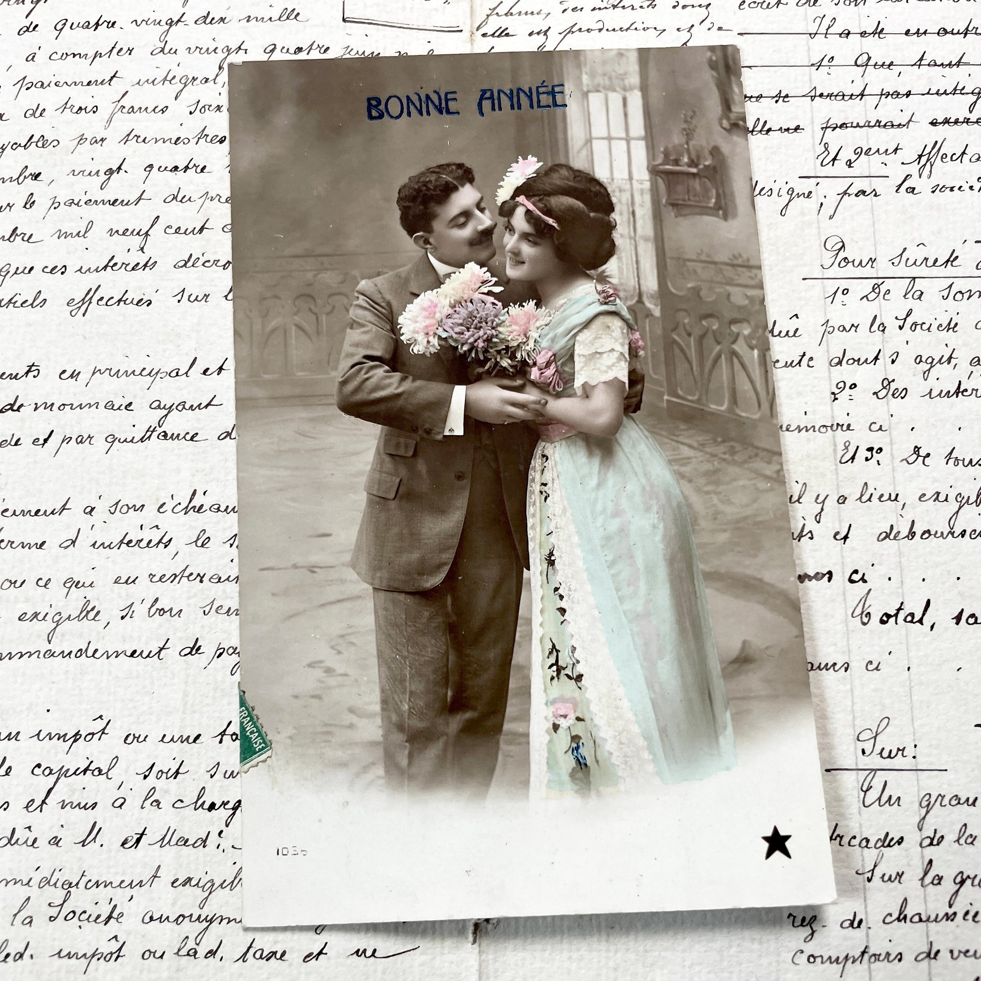 1900s - Antique French New Year Postcard - Hand-Tinted Romantic Couple - Edwardian Era Greeting Card - Vintage Photo Ephemera - Collectible