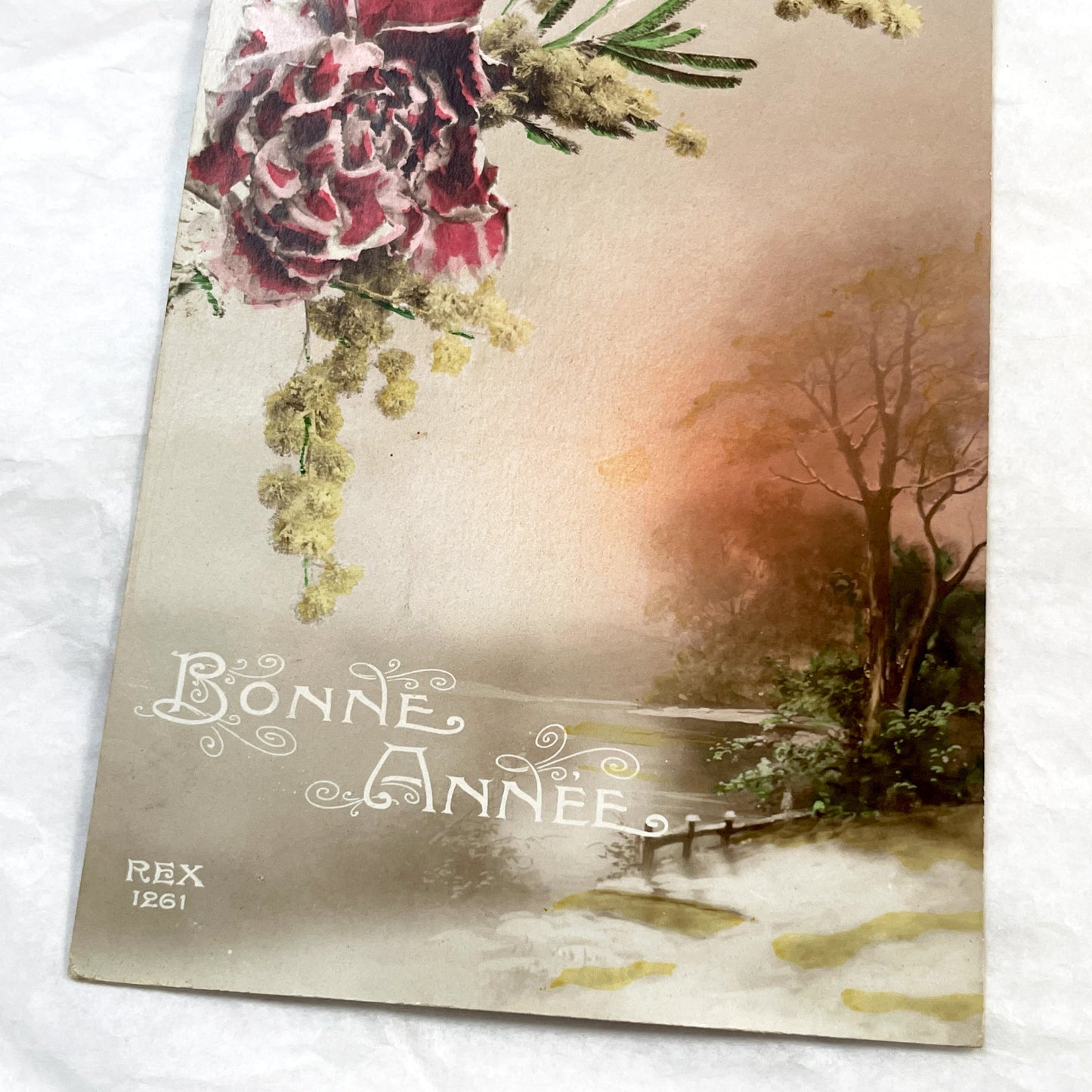1910s - Vintage French New Year Postcard - Red Carnation & Mimosa Floral Arrangement - Winter Sunset Landscape Art - Collectible Ephemera