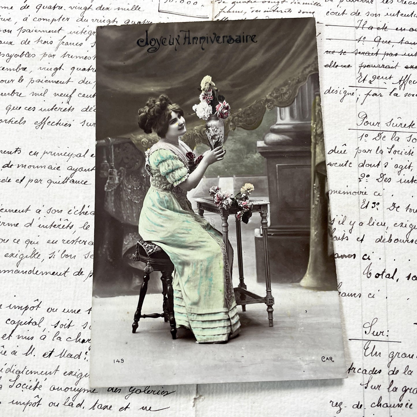 1900s - Antique French Postcard - Elegant Woman With Flowers - Happy Birthday Greeting - Vintage Belle Epoque Card - Art Nouveau Era