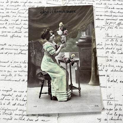 1900s - Antique French Postcard - Elegant Woman With Flowers - Happy Birthday Greeting - Vintage Belle Epoque Card - Art Nouveau Era
