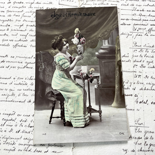1900s - Antique French Postcard - Elegant Woman With Flowers - Happy Birthday Greeting - Vintage Belle Epoque Card - Art Nouveau Era