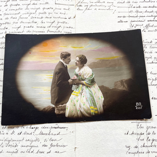 1900s - Vintage Hand-Colored Postcard - Romantic Couple Love By The Sea - Sepia Photograph - Antique Collectible Sunset Scene