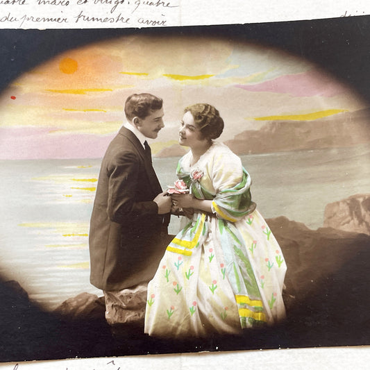 1900s - Vintage Hand-Colored Postcard - Romantic Couple Love By The Sea - Sepia Photograph - Antique Collectible Sunset Scene