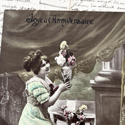 1900s - Antique French Postcard - Elegant Woman With Flowers - Happy Birthday Greeting - Vintage Belle Epoque Card - Art Nouveau Era