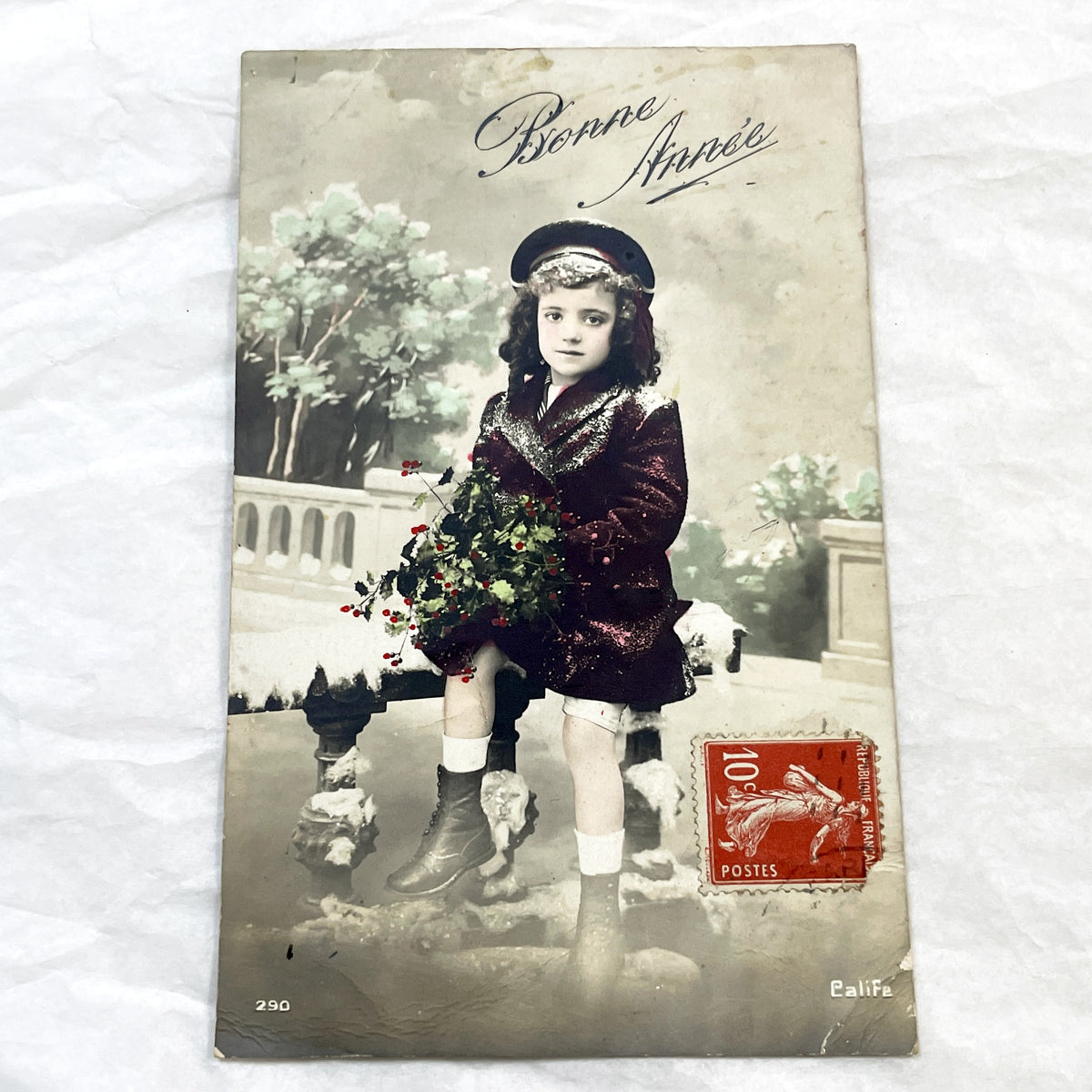 1910s - Antique French Postcard - Young Girl in Winter Coat Holding Holly - New Year's Greeting - Collectible Ephemera for Scrapbooking