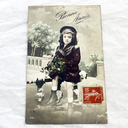 1910s - Antique French Postcard - Young Girl in Winter Coat Holding Holly - New Year's Greeting - Collectible Ephemera for Scrapbooking