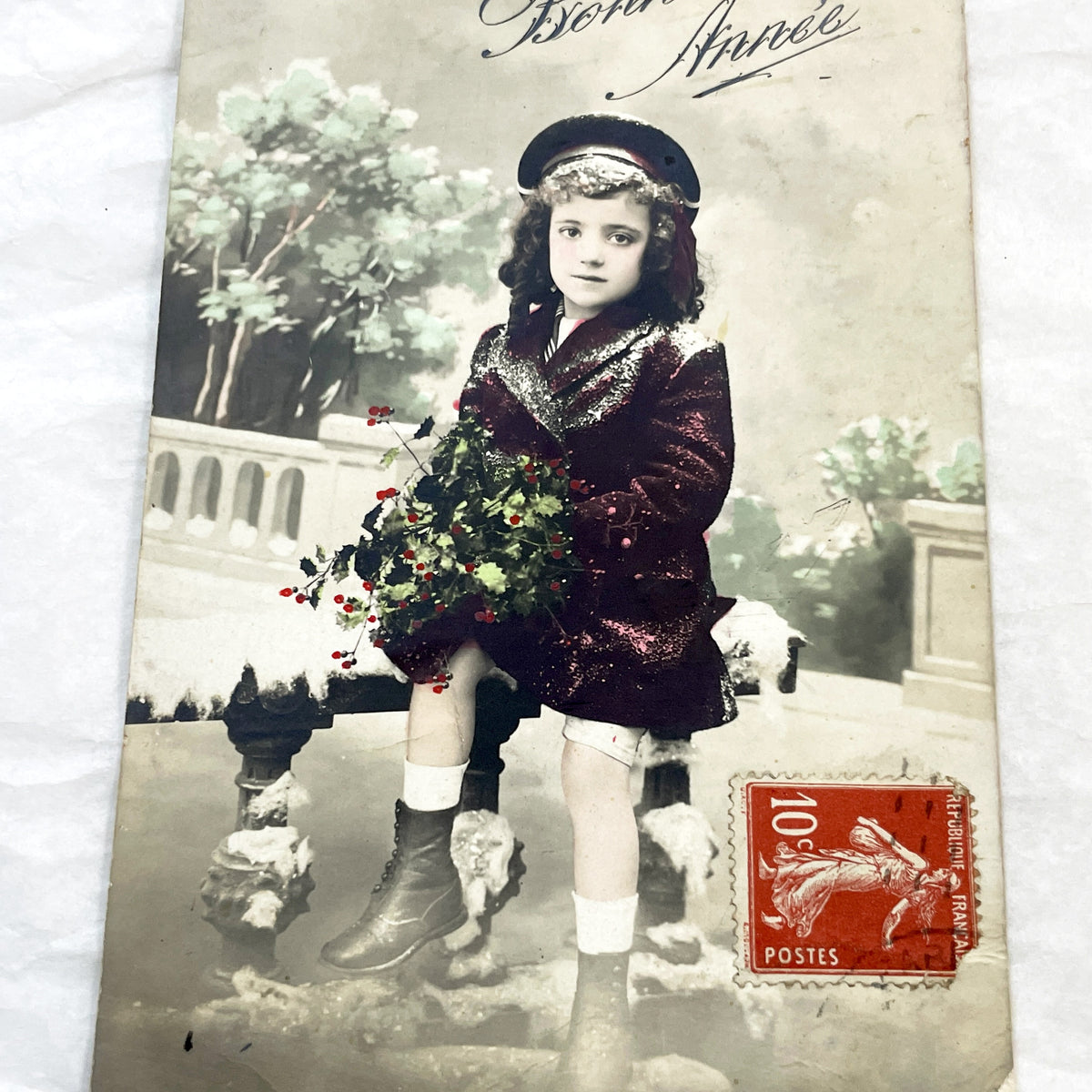 1910s - Antique French Postcard - Young Girl in Winter Coat Holding Holly - New Year's Greeting - Collectible Ephemera for Scrapbooking