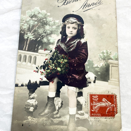 1910s - Antique French Postcard - Young Girl in Winter Coat Holding Holly - New Year's Greeting - Collectible Ephemera for Scrapbooking