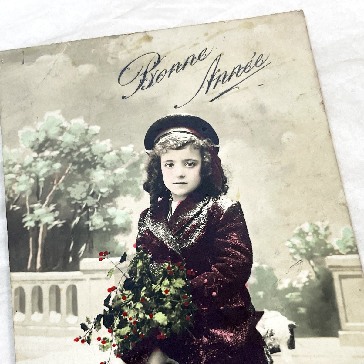 1910s - Antique French Postcard - Young Girl in Winter Coat Holding Holly - New Year's Greeting - Collectible Ephemera for Scrapbooking