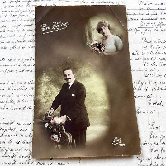 1920s - Le Reve Vintage Postcard - Romantic Couple Portrait - Sepia Tone Hand-Colored Photo - Elegant Man Woman Studio Shot 