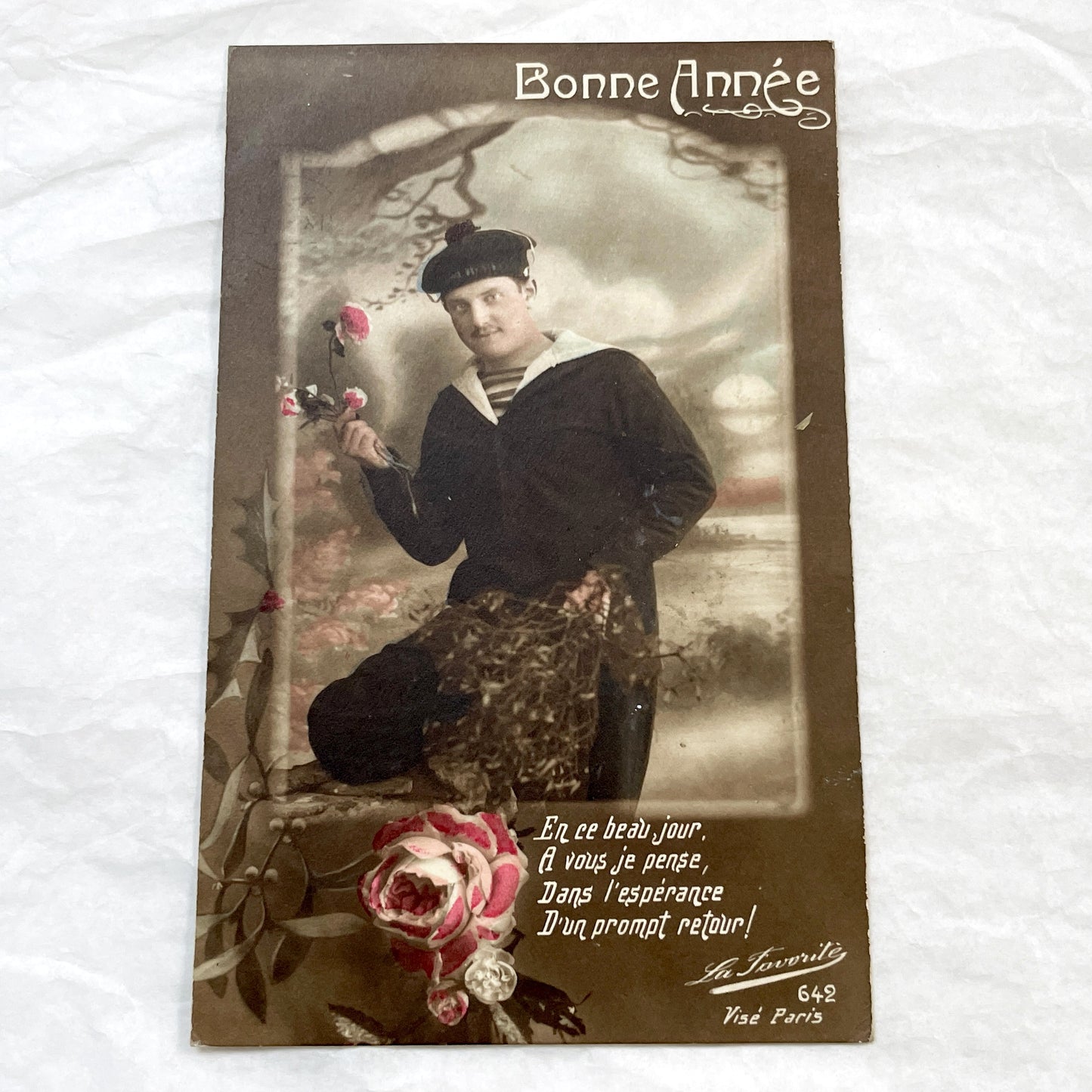 1920s - Vintage French Postcard - Sailor With Roses - Happy New Year Greeting - Romantic Naval Theme - Early 20th Century Ephemera