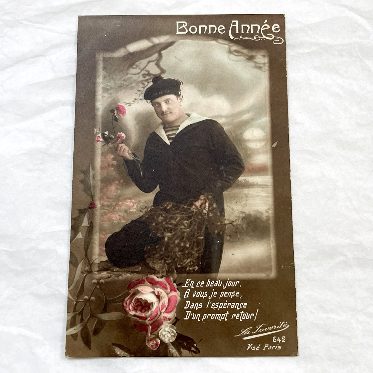1920s - Vintage French Postcard - Sailor With Roses - Happy New Year Greeting - Romantic Naval Theme - Early 20th Century Ephemera