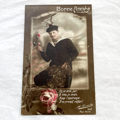 1920s - Vintage French Postcard - Sailor With Roses - Happy New Year Greeting - Romantic Naval Theme - Early 20th Century Ephemera