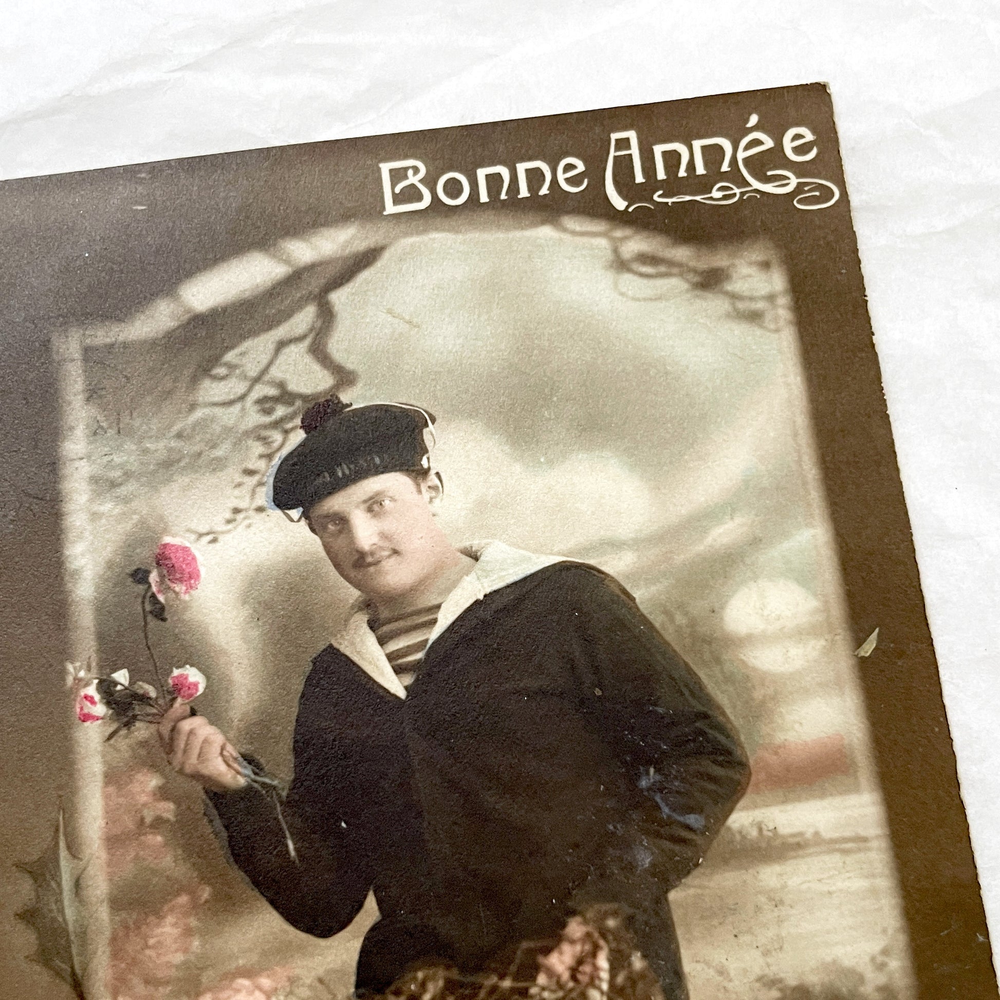 1920s - Vintage French Postcard - Sailor With Roses - Happy New Year Greeting - Romantic Naval Theme - Early 20th Century Ephemera