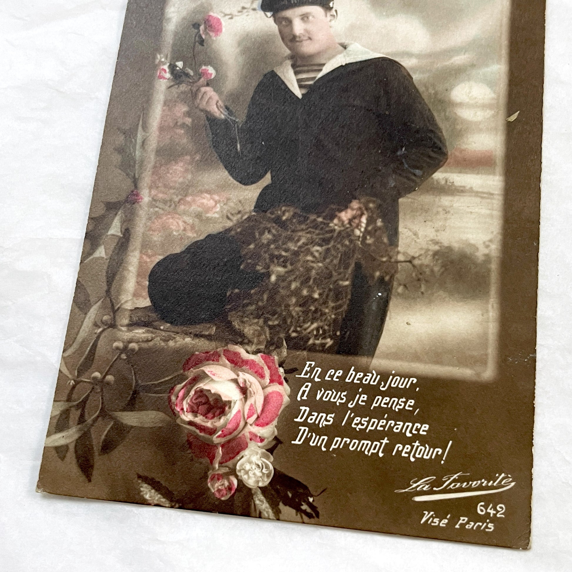 1920s - Vintage French Postcard - Sailor With Roses - Happy New Year Greeting - Romantic Naval Theme - Early 20th Century Ephemera
