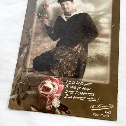 1920s - Vintage French Postcard - Sailor With Roses - Happy New Year Greeting - Romantic Naval Theme - Early 20th Century Ephemera