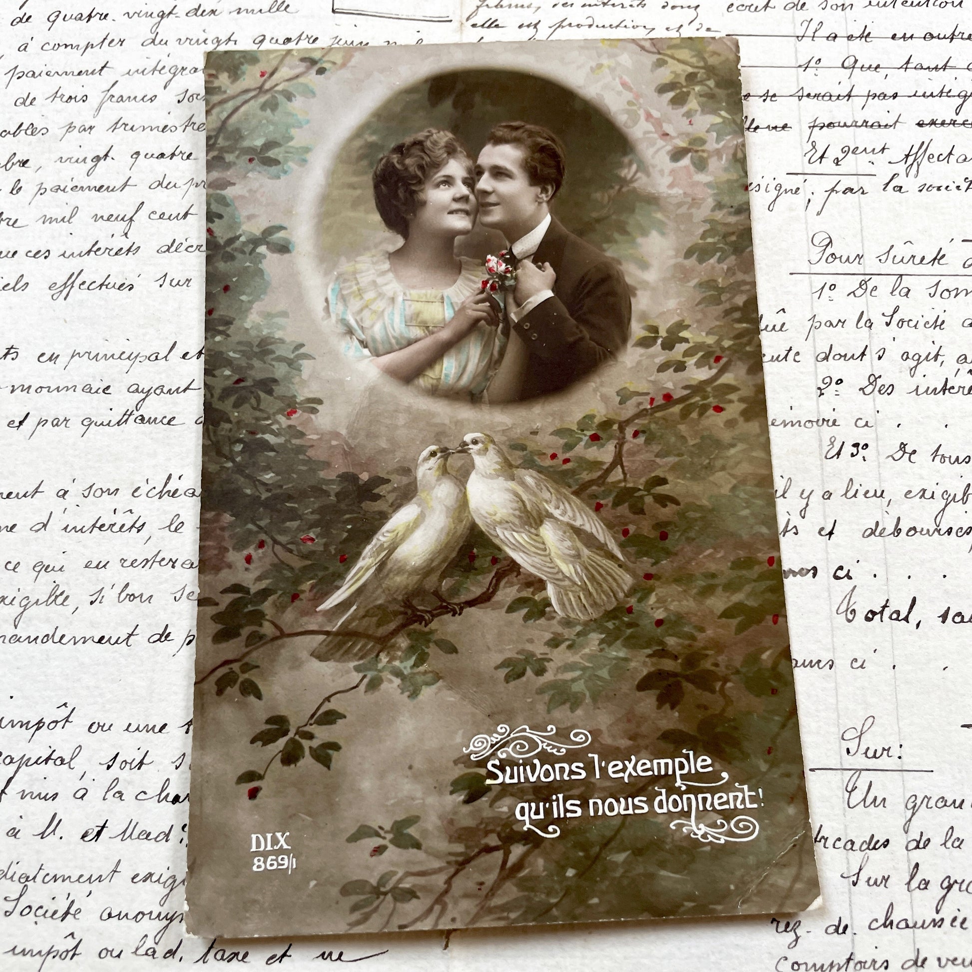 1910s - Vintage Postcard - Romantic Sepia Photo Couple - Love Doves - French Sentiment - Antique Ephemera - Red Berries - Sweet Gift