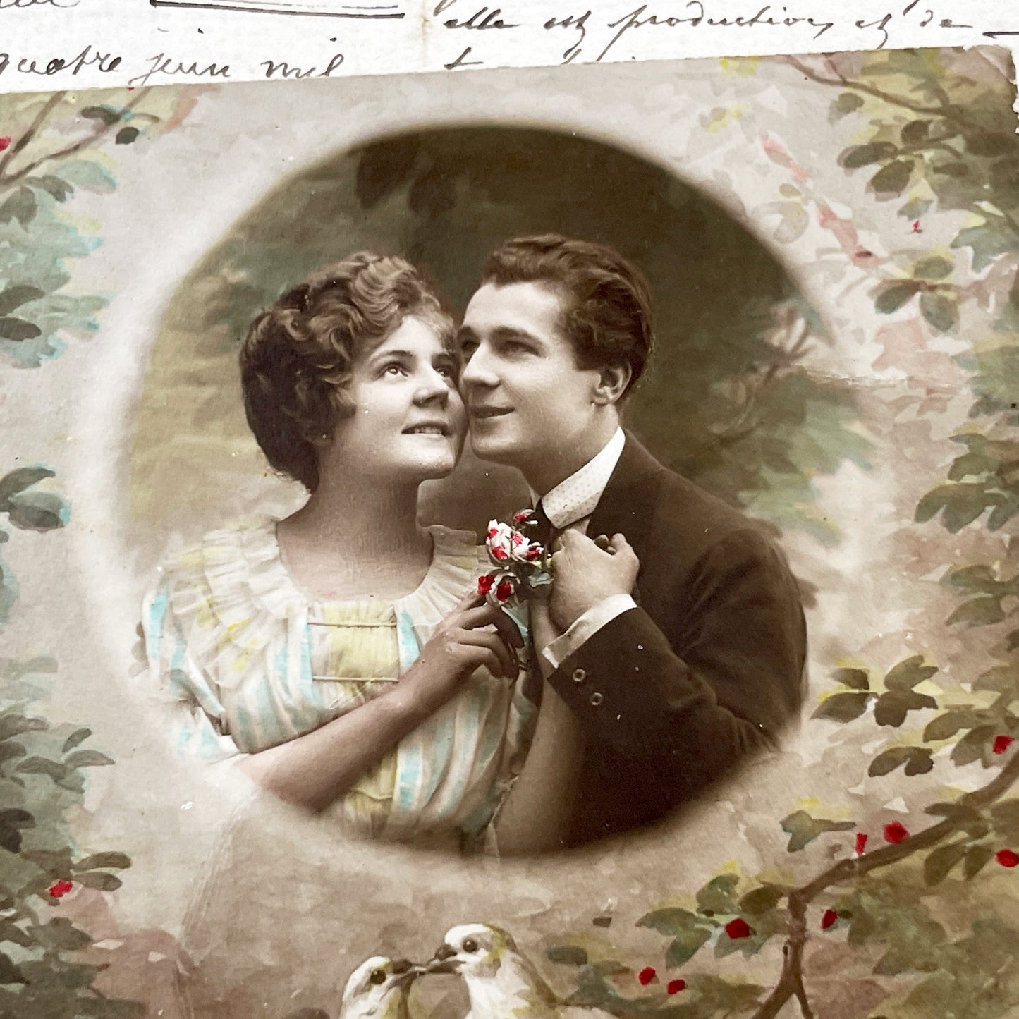 1910s - Vintage Postcard - Romantic Sepia Photo Couple - Love Doves - French Sentiment - Antique Ephemera - Red Berries - Sweet Gift