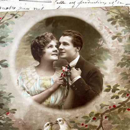 1910s - Vintage Postcard - Romantic Sepia Photo Couple - Love Doves - French Sentiment - Antique Ephemera - Red Berries - Sweet Gift