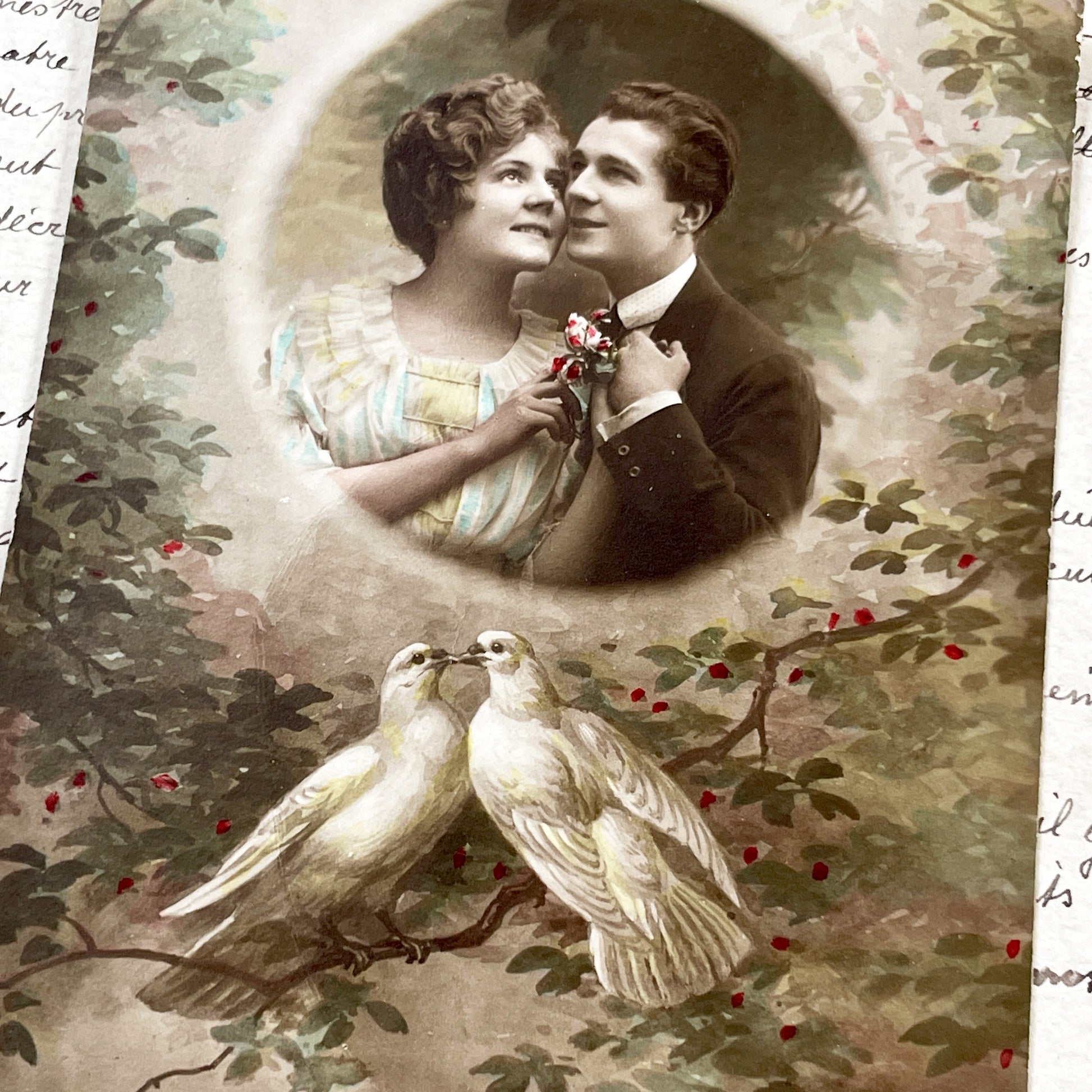 1910s - Vintage Postcard - Romantic Sepia Photo Couple - Love Doves - French Sentiment - Antique Ephemera - Red Berries - Sweet Gift