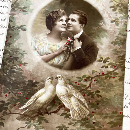 1910s - Vintage Postcard - Romantic Sepia Photo Couple - Love Doves - French Sentiment - Antique Ephemera - Red Berries - Sweet Gift