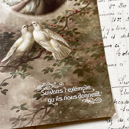 1910s - Vintage Postcard - Romantic Sepia Photo Couple - Love Doves - French Sentiment - Antique Ephemera - Red Berries - Sweet Gift