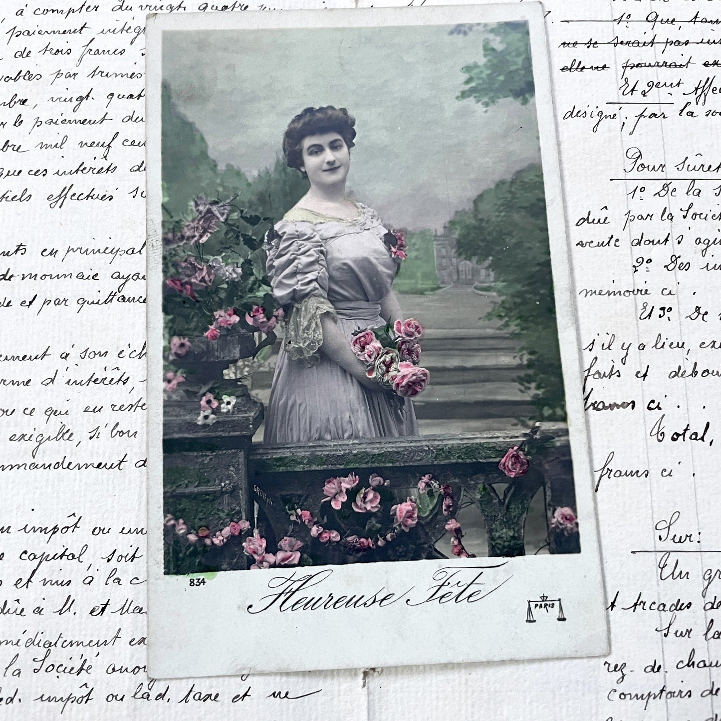 1900s - Antique French Postcard - Chromo Belle Epoque Woman With Roses From Paris - Vintage Floral Art Card Collectible Ephemera