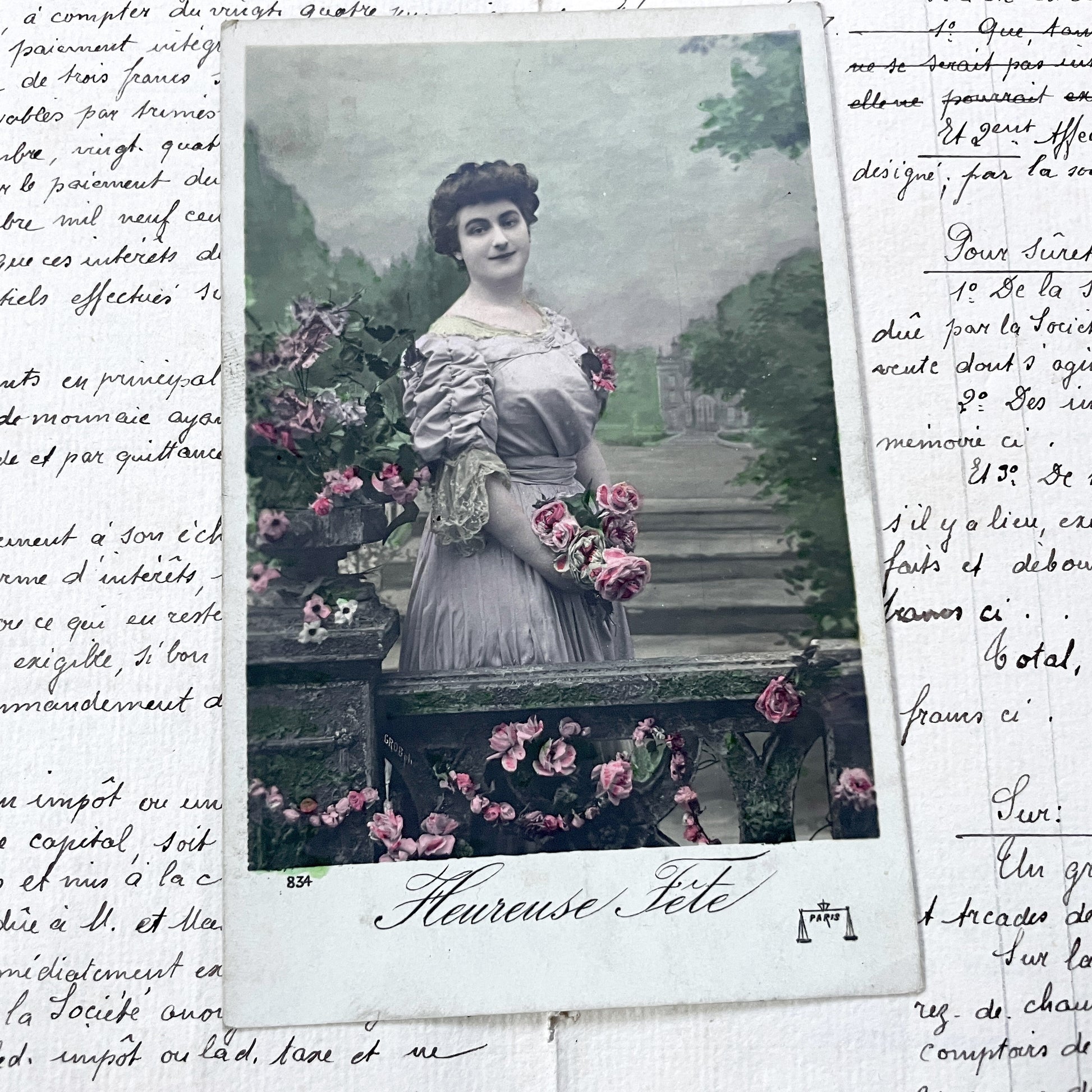 1900s - Antique French Postcard - Chromo Belle Epoque Woman With Roses From Paris - Vintage Floral Art Card Collectible Ephemera