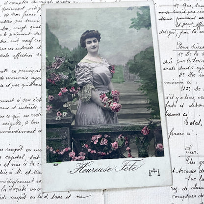 1900s - Antique French Postcard - Chromo Belle Epoque Woman With Roses From Paris - Vintage Floral Art Card Collectible Ephemera