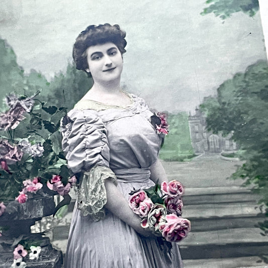 1900s - Antique French Postcard - Chromo Belle Epoque Woman With Roses From Paris - Vintage Floral Art Card Collectible Ephemera