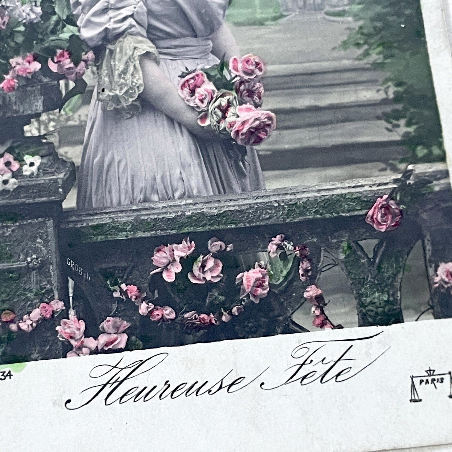 1900s - Antique French Postcard - Chromo Belle Epoque Woman With Roses From Paris - Vintage Floral Art Card Collectible Ephemera