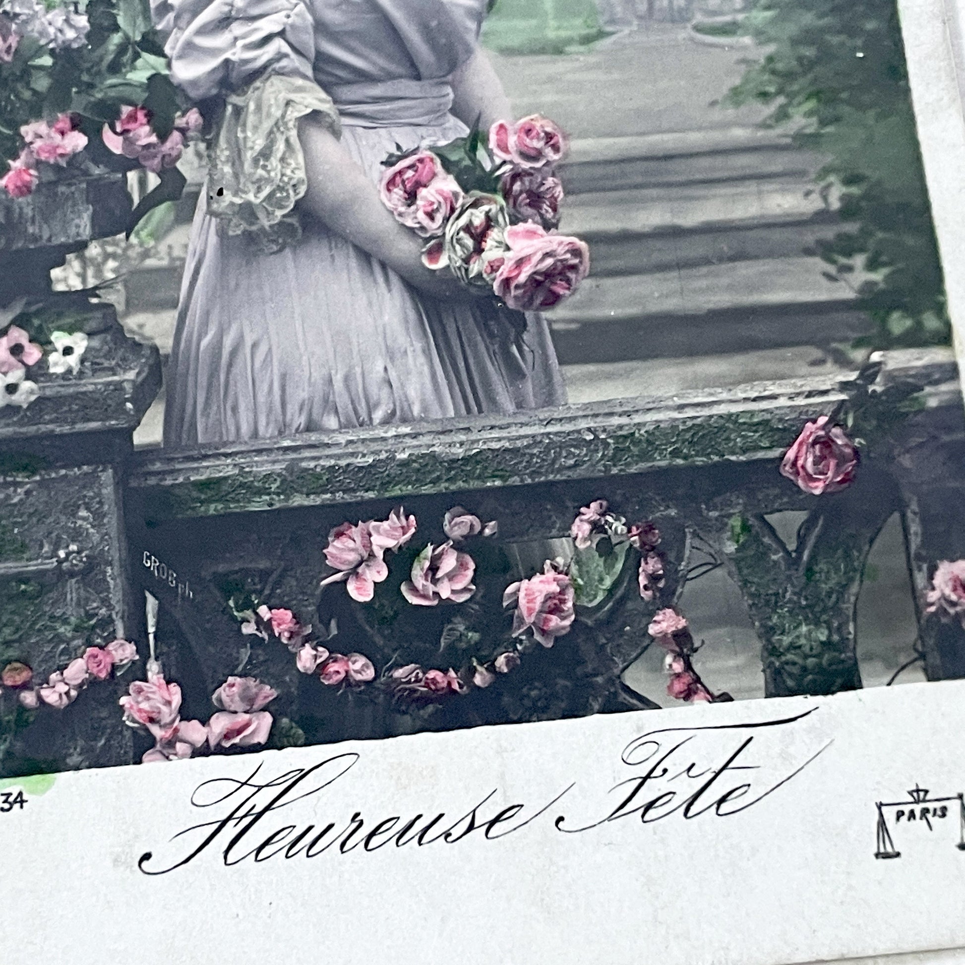 1900s - Antique French Postcard - Chromo Belle Epoque Woman With Roses From Paris - Vintage Floral Art Card Collectible Ephemera