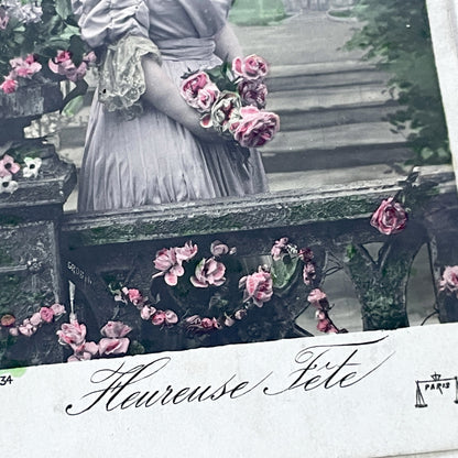 1900s - Antique French Postcard - Chromo Belle Epoque Woman With Roses From Paris - Vintage Floral Art Card Collectible Ephemera