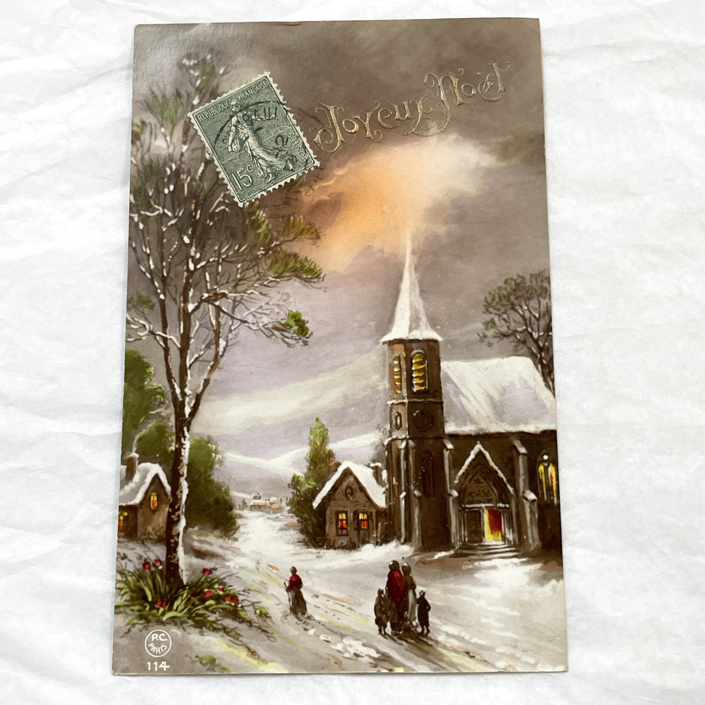1910s - Vintage French Christmas Postcard - Snowy Village Scene - Church and Figures - Embossed 'Joyeux Noël' - Collectible Ephemera