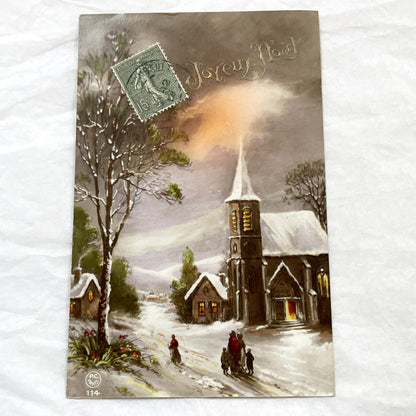1910s - Vintage French Christmas Postcard - Snowy Village Scene - Church and Figures - Embossed 'Joyeux Noël' - Collectible Ephemera