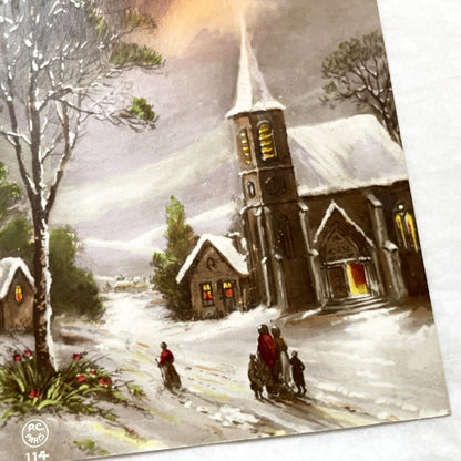 1910s - Vintage French Christmas Postcard - Snowy Village Scene - Church and Figures - Embossed 'Joyeux Noël' - Collectible Ephemera