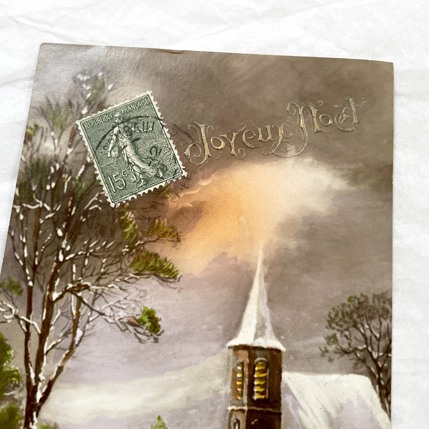 1910s - Vintage French Christmas Postcard - Snowy Village Scene - Church and Figures - Embossed 'Joyeux Noël' - Collectible Ephemera