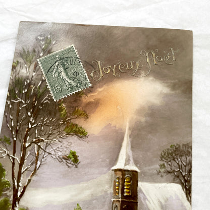 1910s - Vintage French Christmas Postcard - Snowy Village Scene - Church and Figures - Embossed 'Joyeux Noël' - Collectible Ephemera