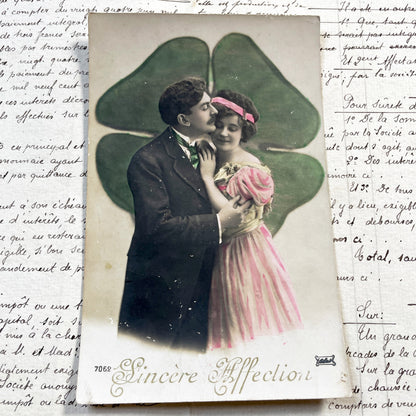 1900s - Vintage French Postcard - Romantic Embracing Couple - Hand Tinted Photograph - Four Leaf Clover Love Symbol - Sweet Romance