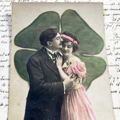 1900s - Vintage French Postcard - Romantic Embracing Couple - Hand Tinted Photograph - Four Leaf Clover Love Symbol - Sweet Romance