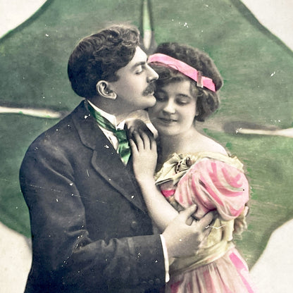 1900s - Vintage French Postcard - Romantic Embracing Couple - Hand Tinted Photograph - Four Leaf Clover Love Symbol - Sweet Romance