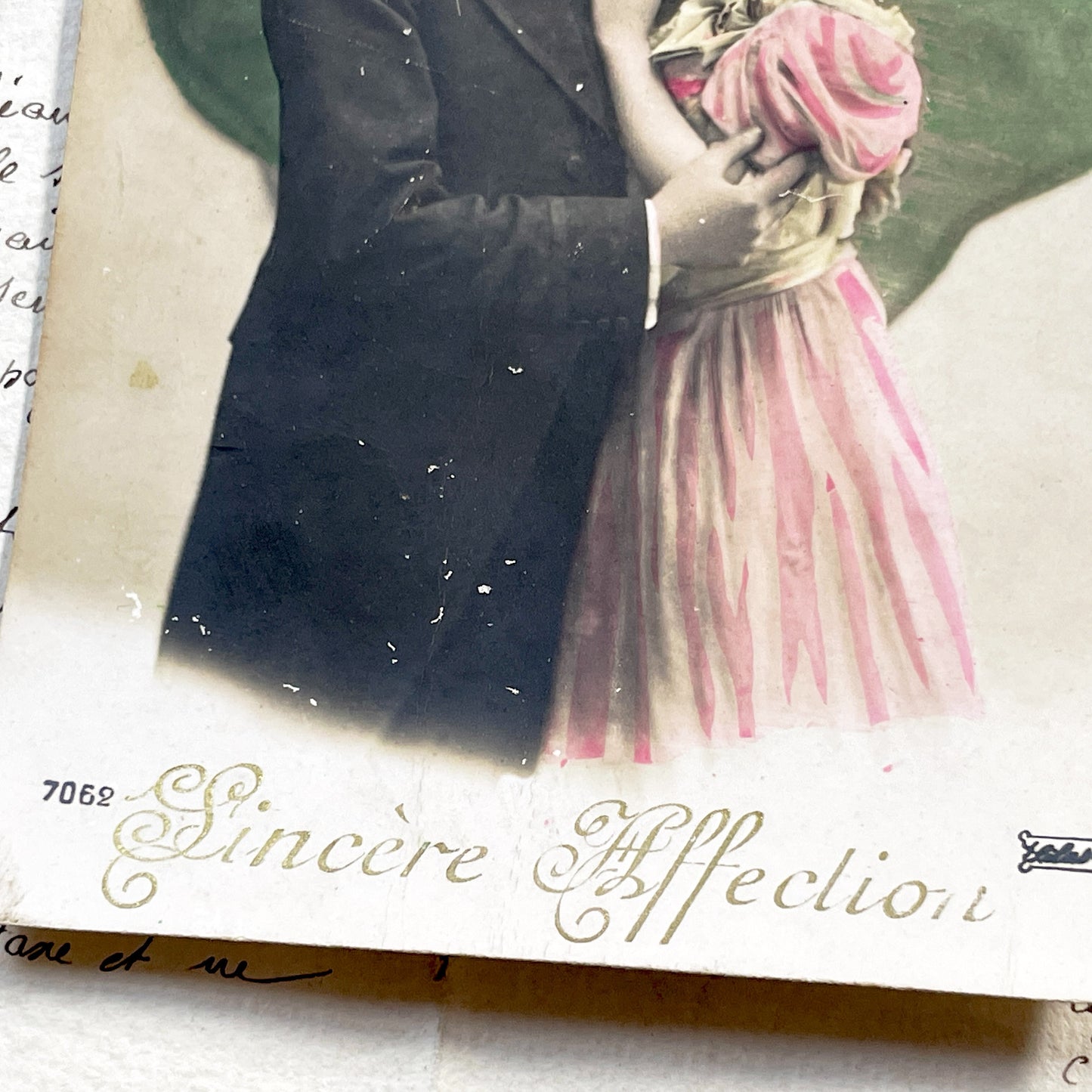1900s - Vintage French Postcard - Romantic Embracing Couple - Hand Tinted Photograph - Four Leaf Clover Love Symbol - Sweet Romance