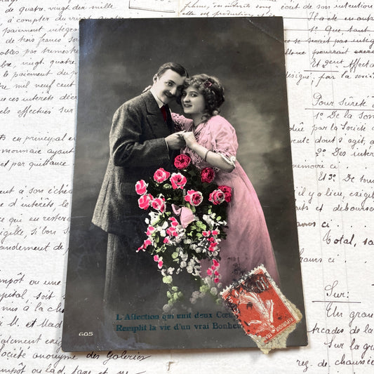 1910s - Romantic Vintage Couple Postcard - Hand-Colored Sepia Photo - Love Affection Happiness - Antique French Sentiment