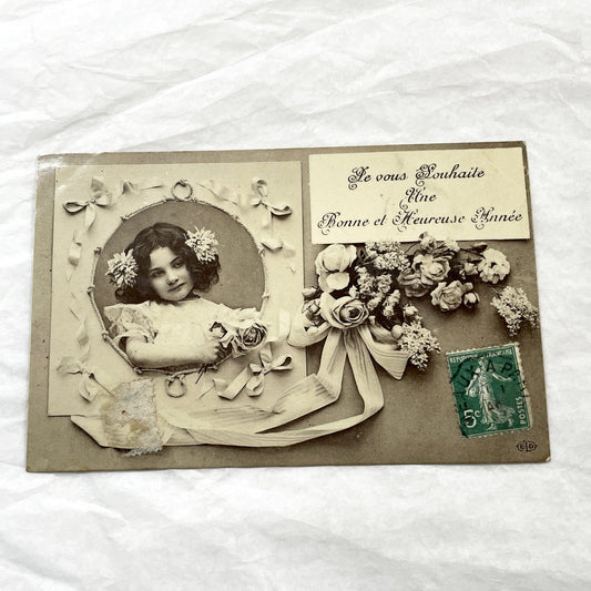 1910s - Vintage French New Year Postcard - Sepia Tone Child Portrait - Ornate Frame And Flowers - Antique French Greeting Card