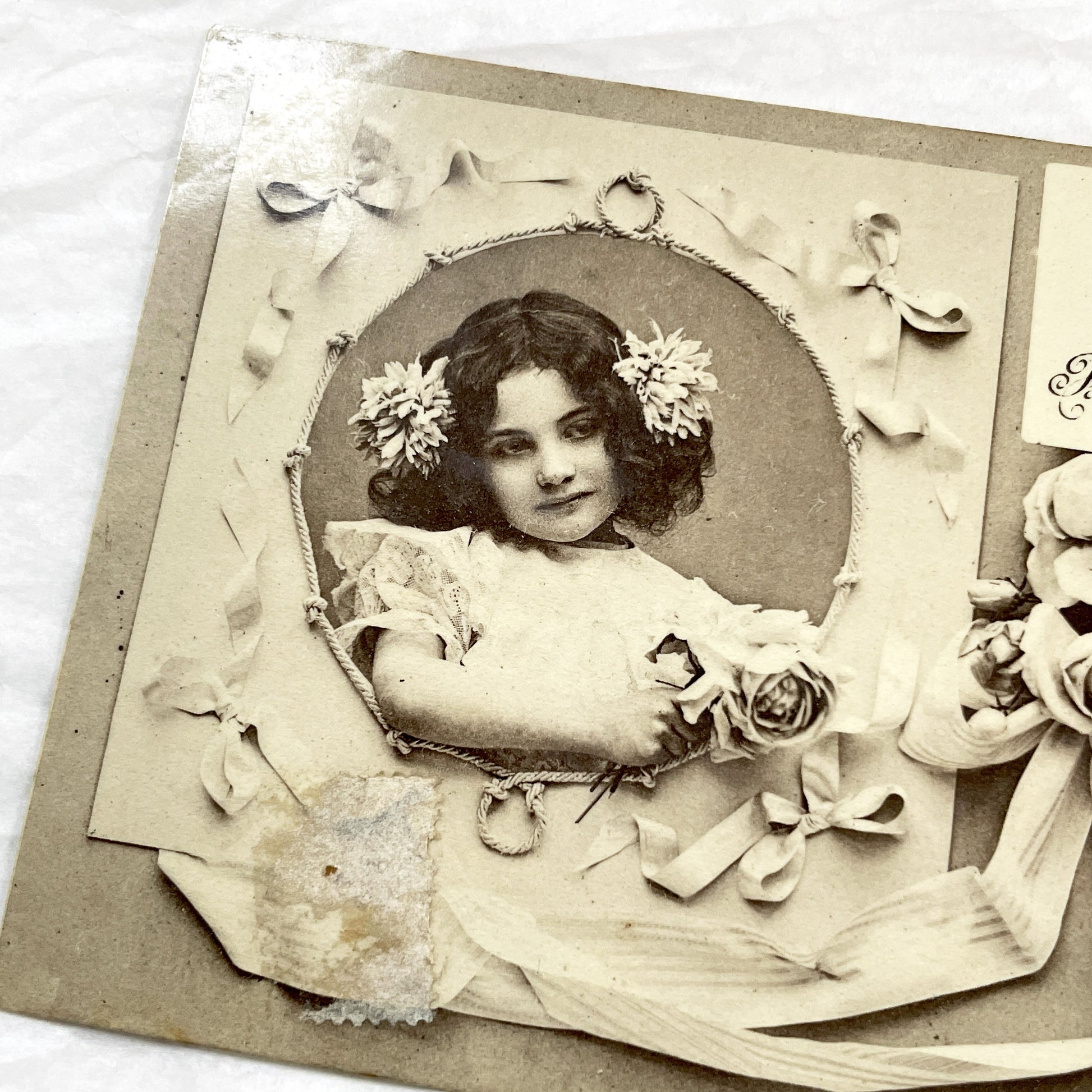 1910s - Vintage French New Year Postcard - Sepia Tone Child Portrait - Ornate Frame And Flowers - Antique French Greeting Card